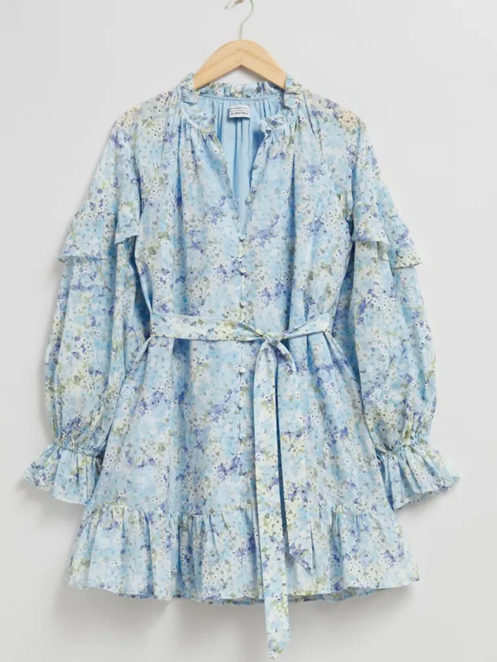 & Other Stories Silk Blue Floral Tie-Waist Mini Dress